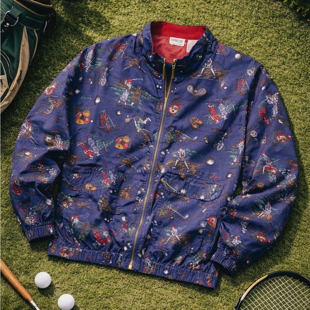 Vintage 80s Golf Tennis All Over Print Windbreaker Jacket Boxy Sportcore Preppy